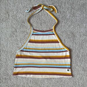 Roxy Multicolor Striped Halter Crop Top Tie Neck Ribbed Size M